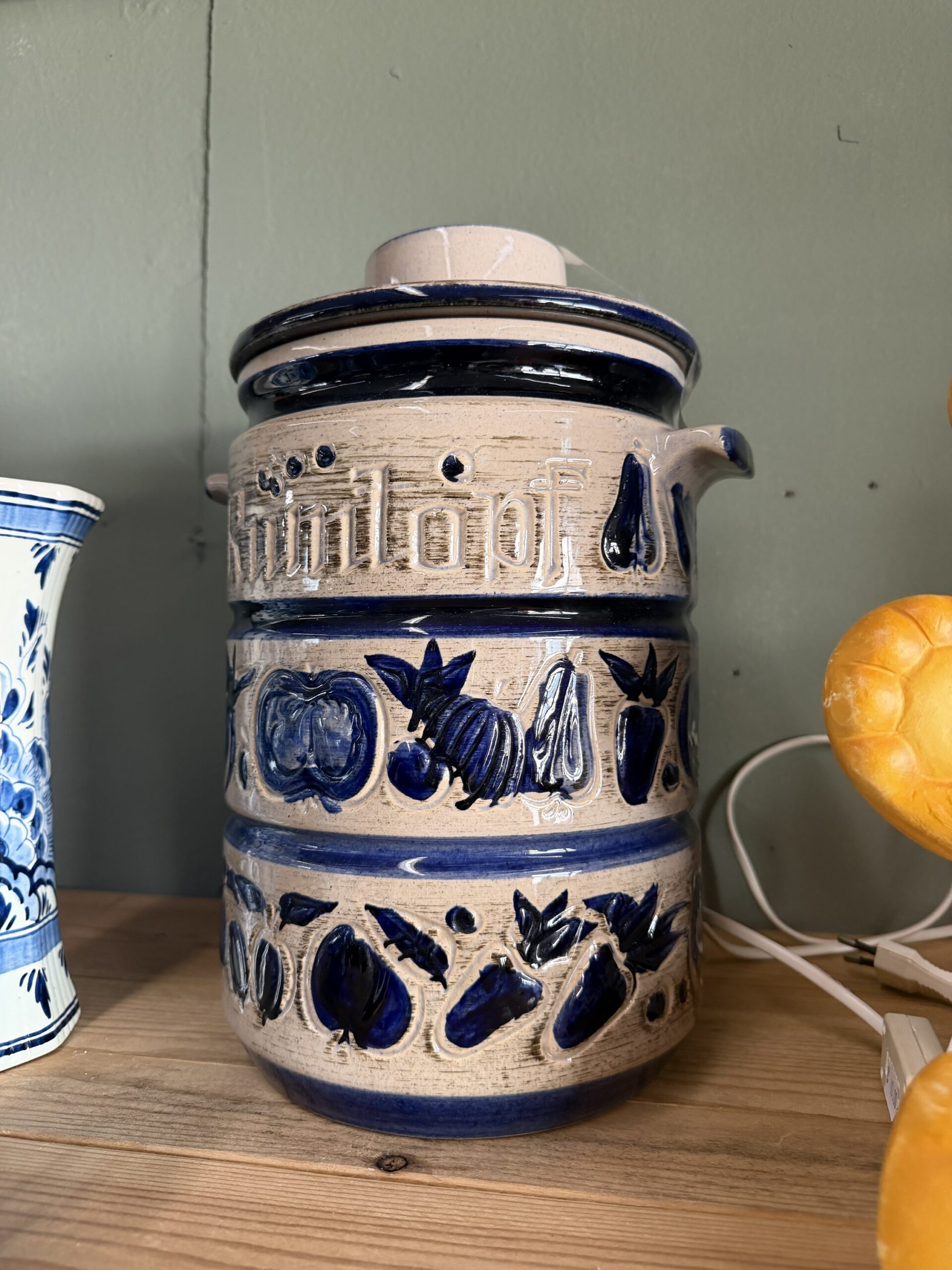 Vintage keramieken voorraadpot Knoflook – blauw/wit
